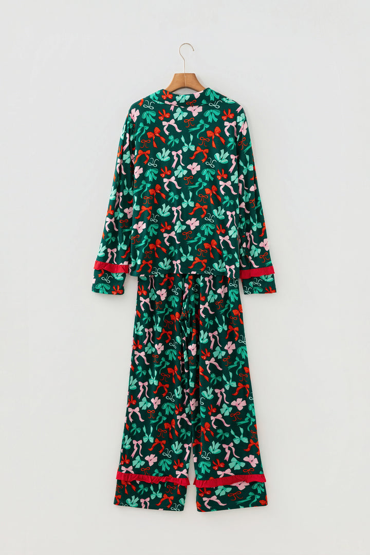 Green Festive Bow Print 2pcs Pajama Pant Set
