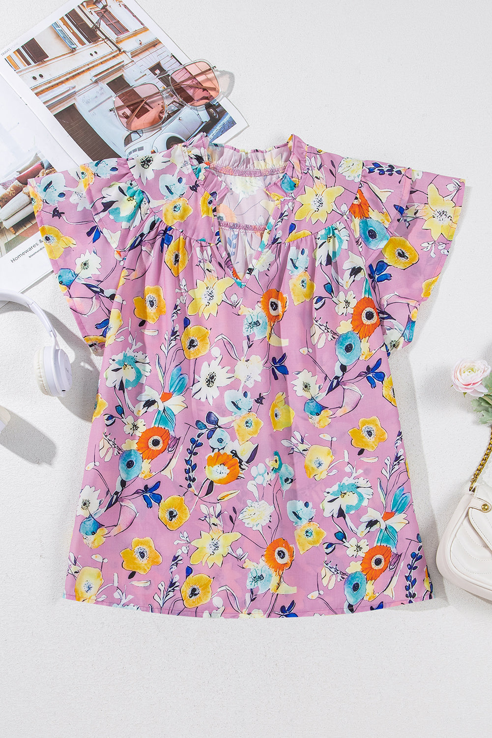 flutter sleeve v neck floral top