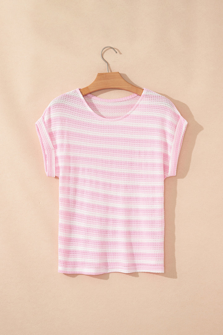Summer Pink Striped Print Waffle Knit T Shirt