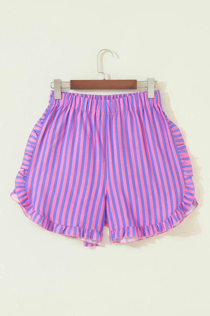 Rose Stripe Elastic Waist Ruffle Trim Casual Shorts