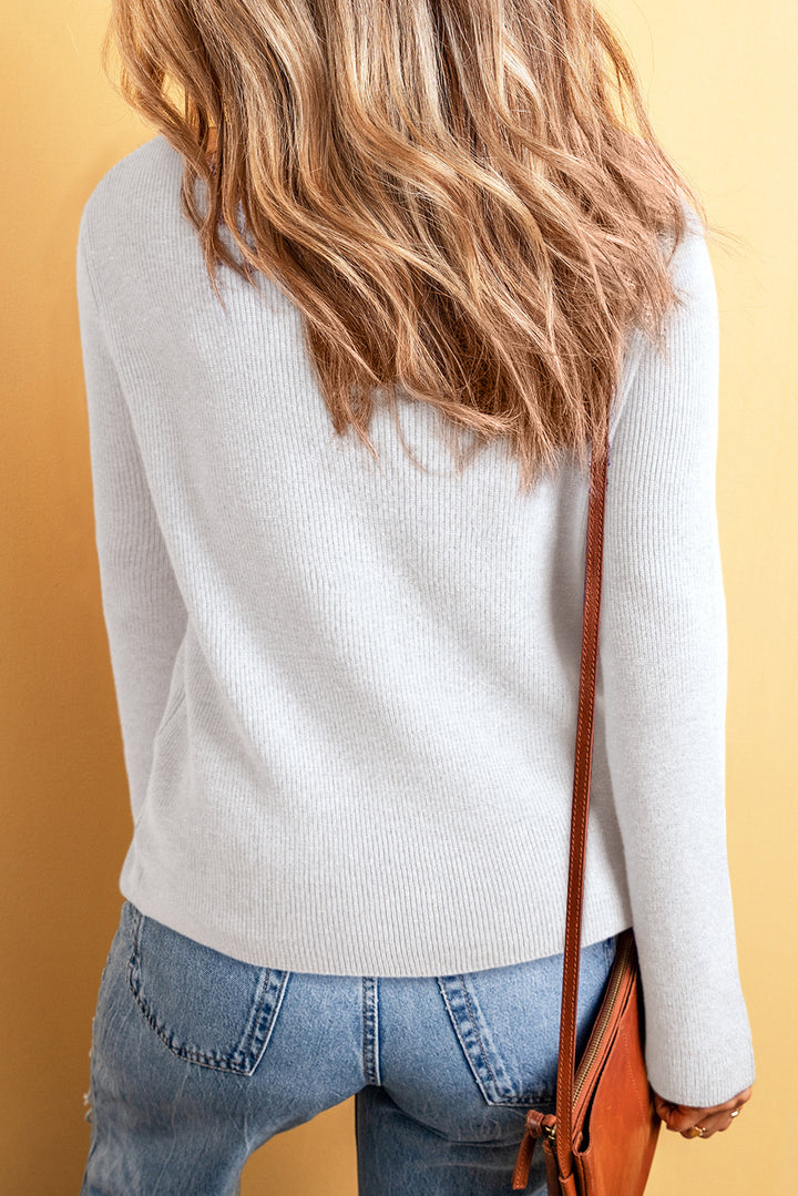 White Lightweight Ribbed Knit Button Front V Neck Cardigan