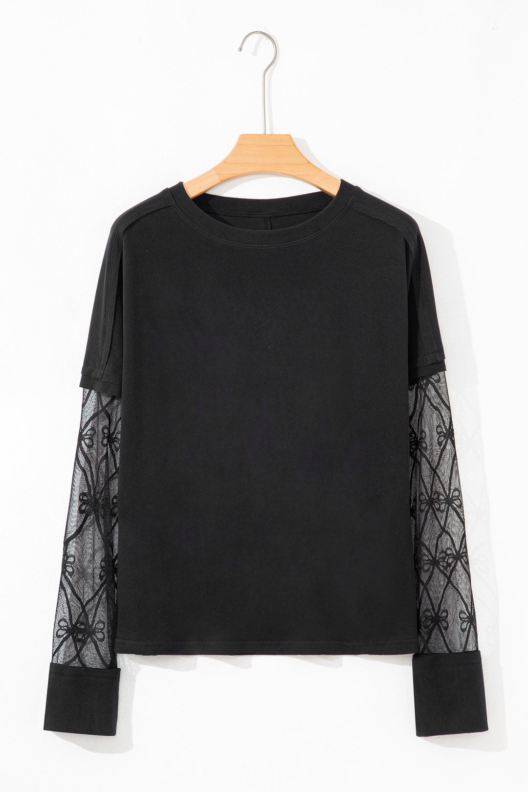 Solid Color Bow Textured Patchwork Long Sleeve Tee