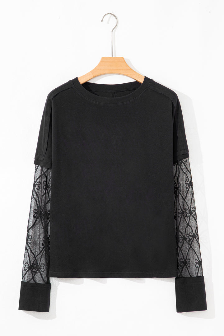 Solid Color Bow Textured Patchwork Long Sleeve Tee