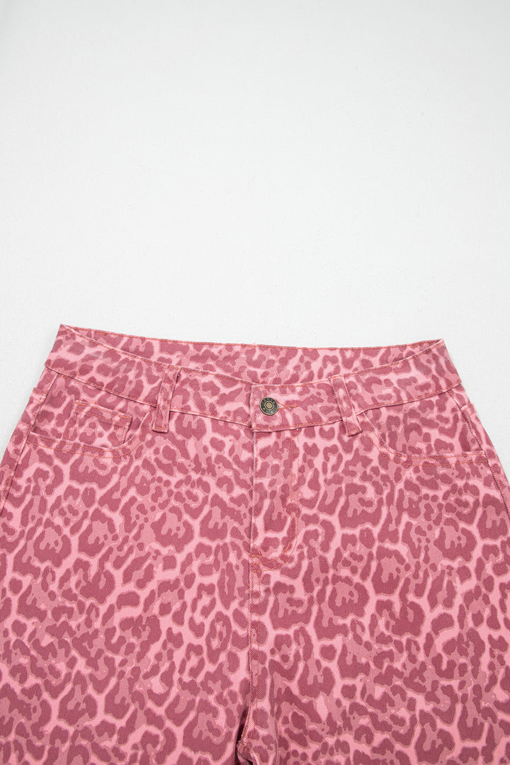 Rose Leopard Frayed Edge Wide Leg High Waist Jeans