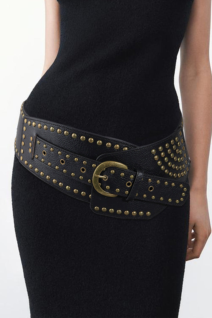 Ceinture large en cuir PU clouté à rivets rétro