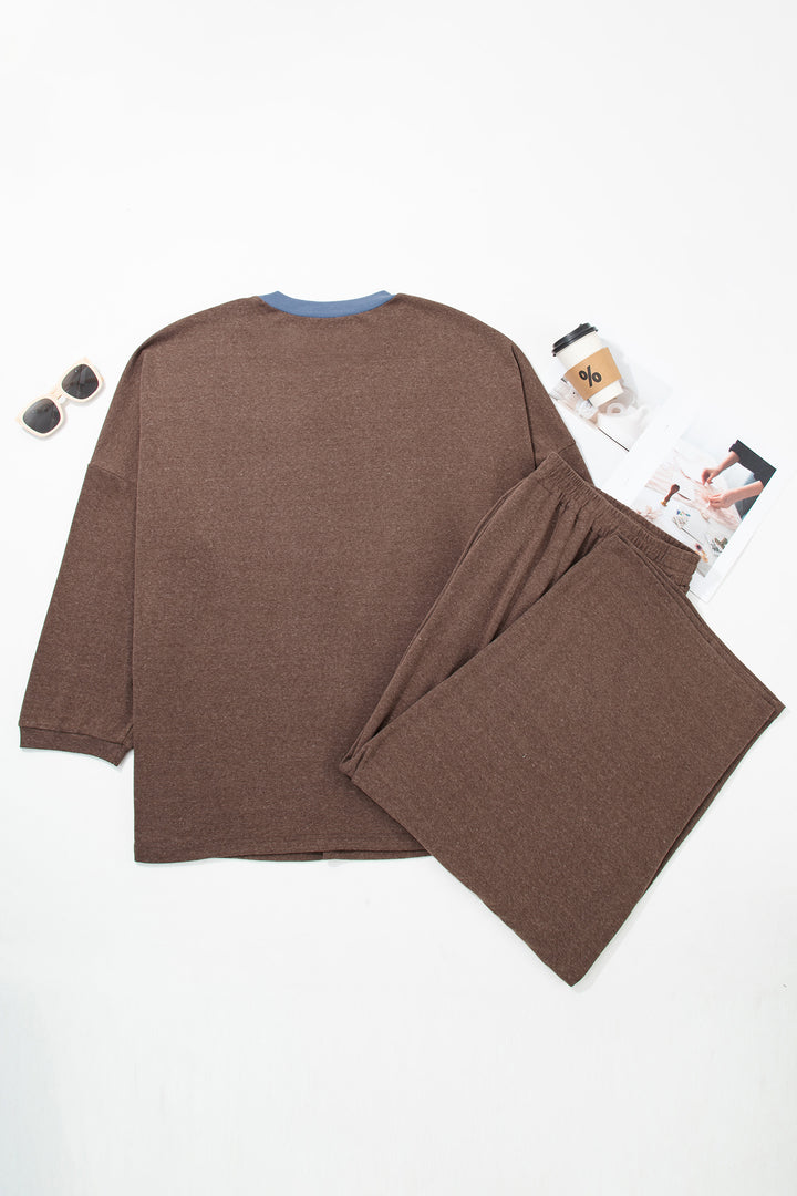 Dark Brown Long Sleeve Round Neck Patchwork Plus Size Set
