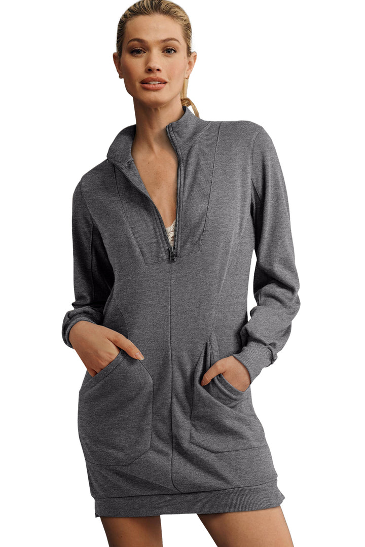 Zip up Collared Ribbed Patchwork Sweatshirt Dress with Pockets