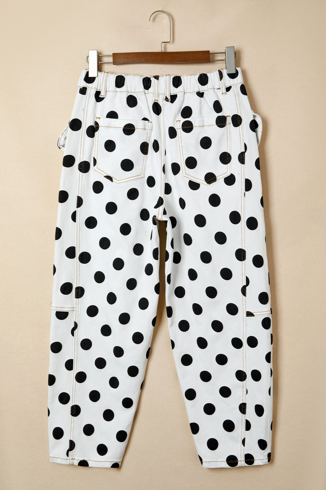 White Polka Dot Print Bow Detail Pocketed Barrel Jeans