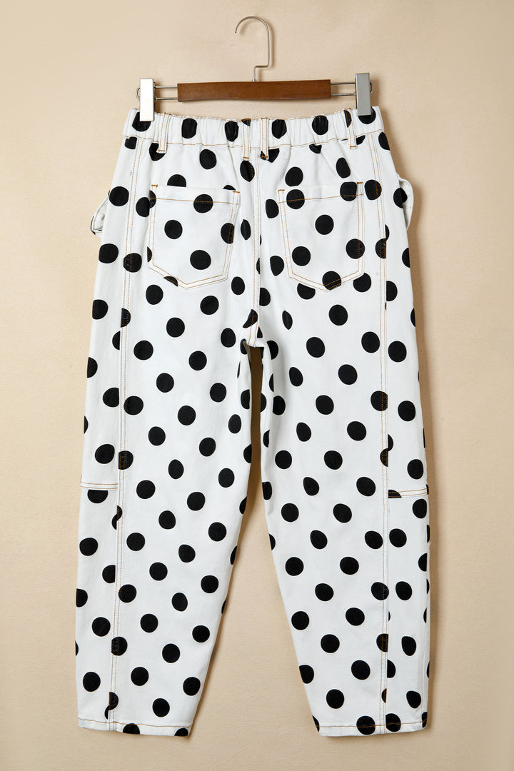 White Polka Dot Print Bow Detail Pocketed Barrel Jeans