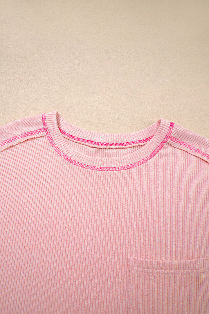 Bonbon Ribbed Exposed Seam Round Neck Chest Pocket Plus Knit Top