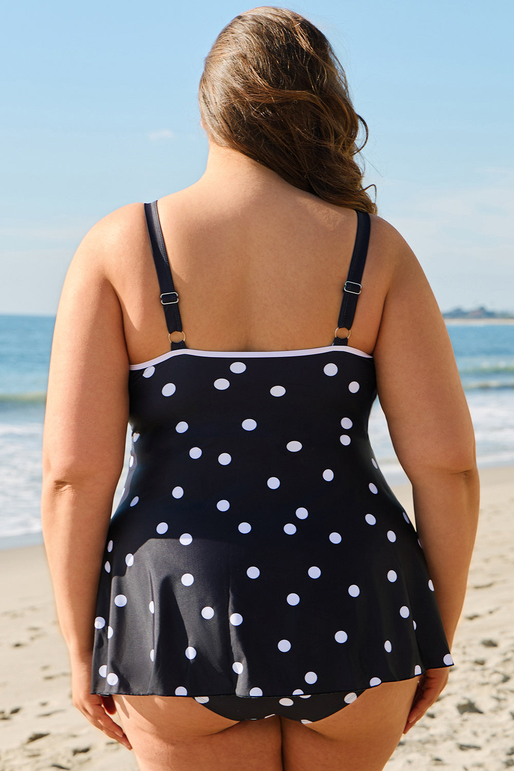 Polka Dot Trim V Neck Plus Size Swim Dress