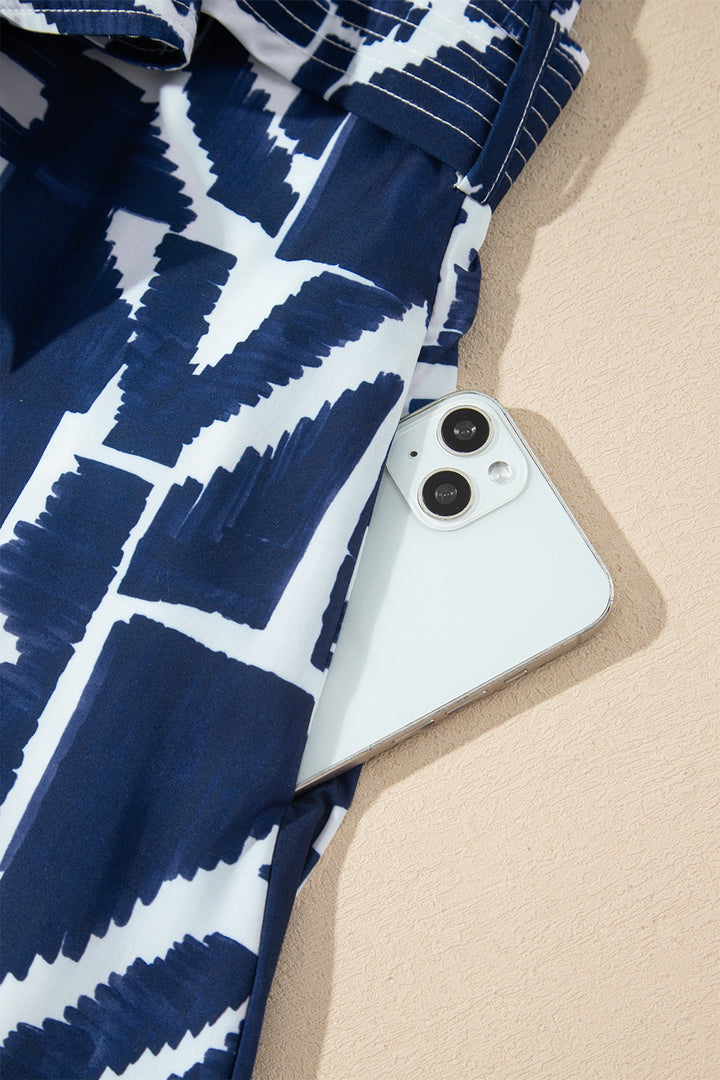 Blue Abstract Geometric Print Zip Front Shift Dress