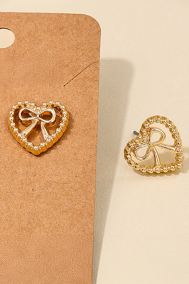 Bow Decor Heart Shape Plate Alloy Stud Earrings
