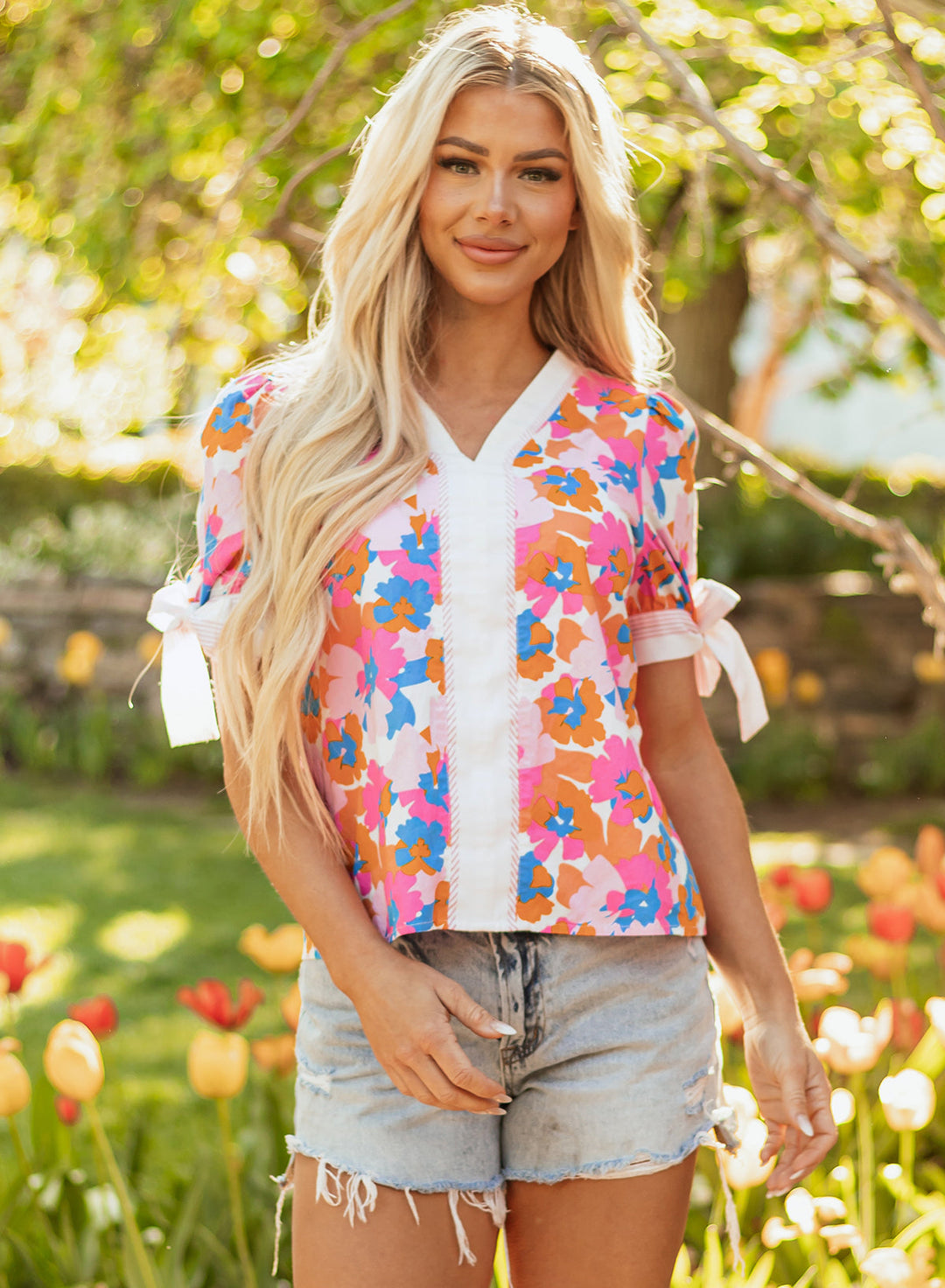 floral colorblock striped edge v neck knotted short sleeve blouse