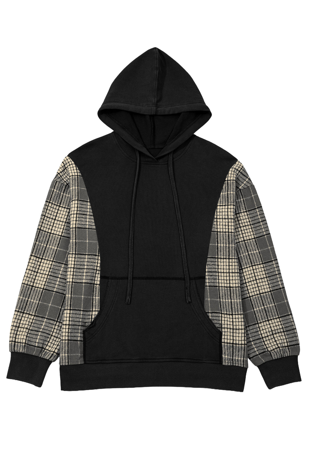 Black Plaid Sleeve Drawstring Pocket Hooded Sweatshirt