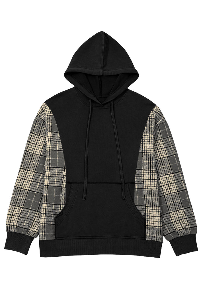 Black Plaid Sleeve Drawstring Pocket Hooded Sweatshirt