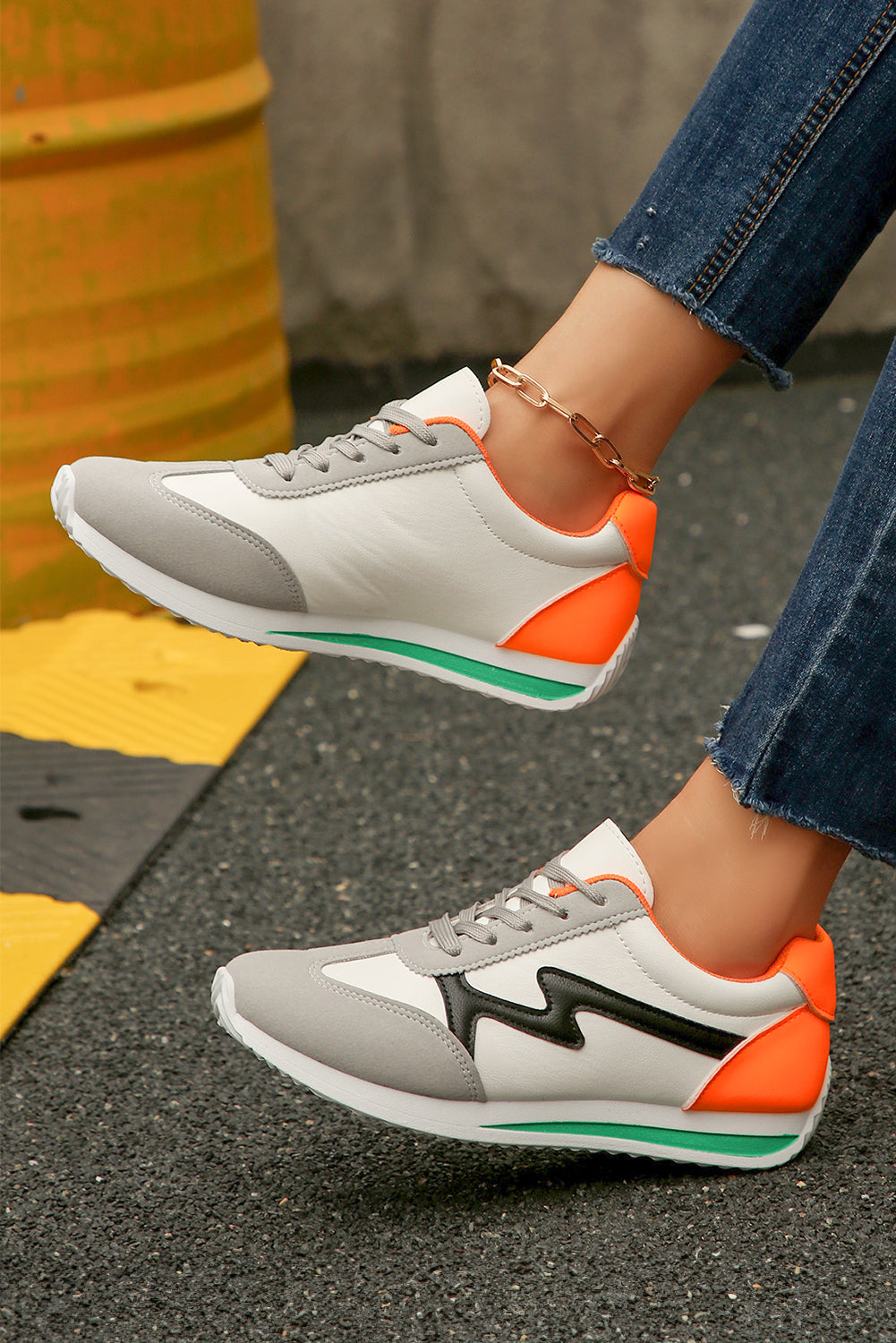 PU Leather Color Block Patchwork Lace Up Sneakers