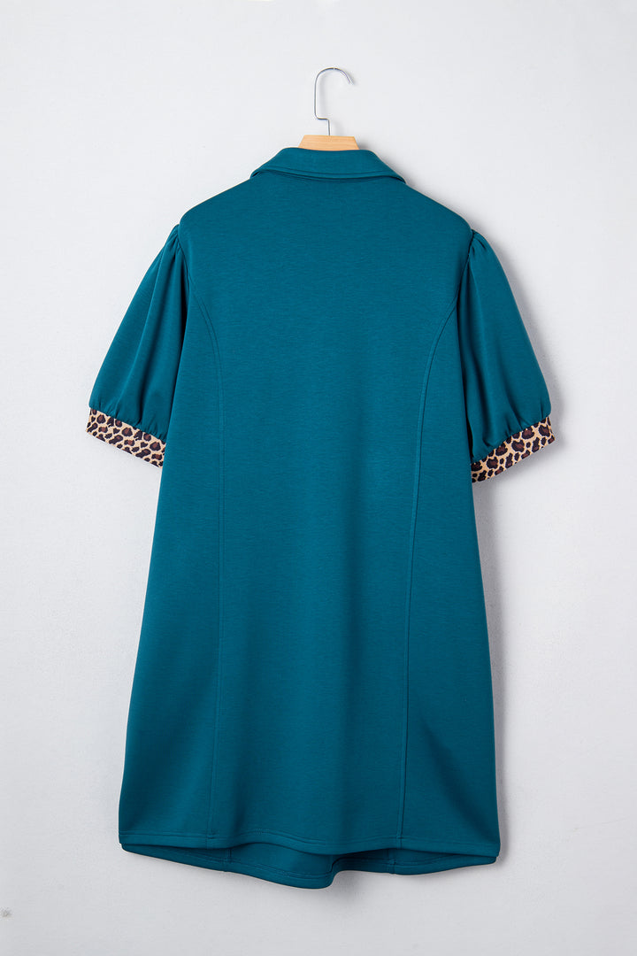 Sea Green Leopard Quarter Zip Collared Plus Size Mini Dress