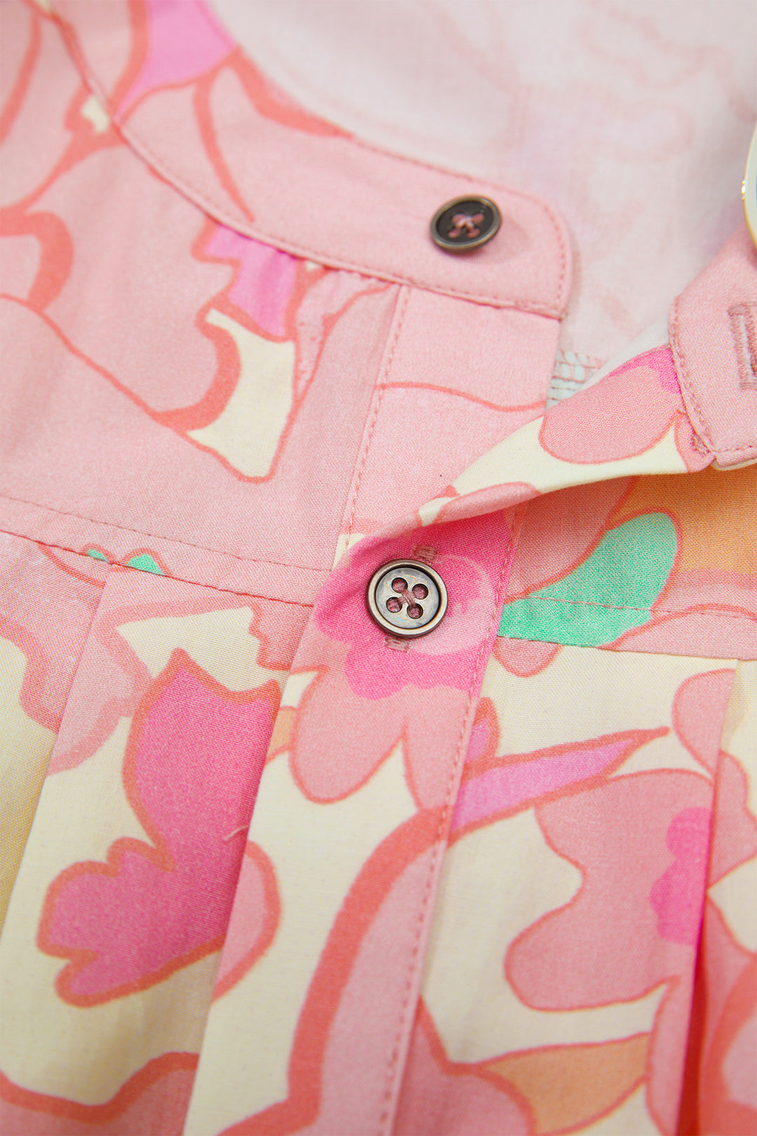 Pink Floral Print Button Down Pintuck Short Sleeve Shirt