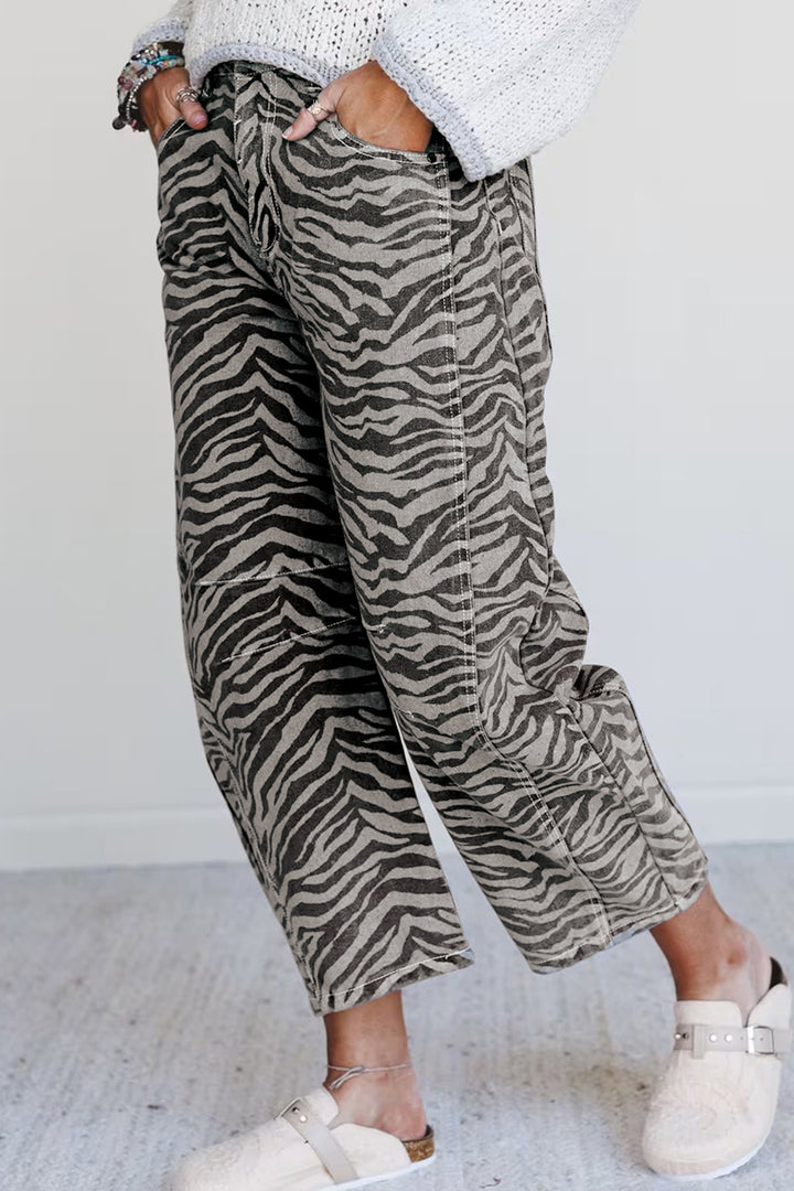 Gray Zebra Stripe Printed Wide Leg Barrel Jeans