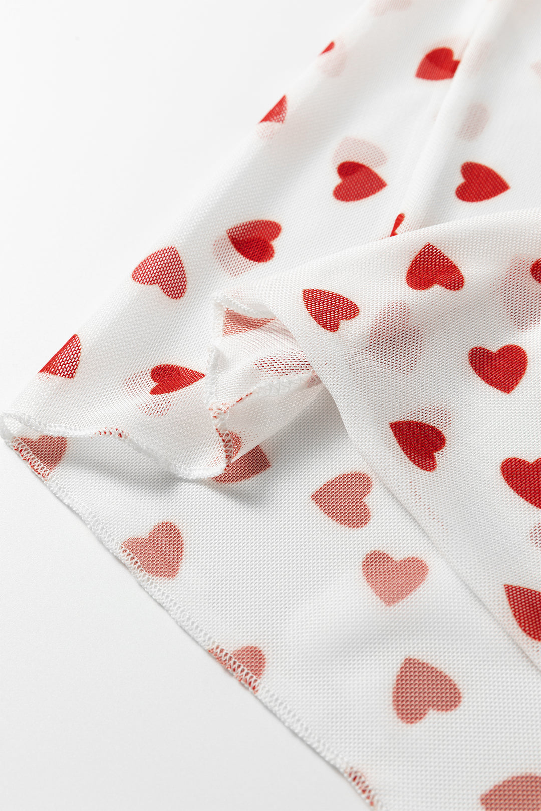 Red Allover Heart Print Mesh Short Sleeve Top