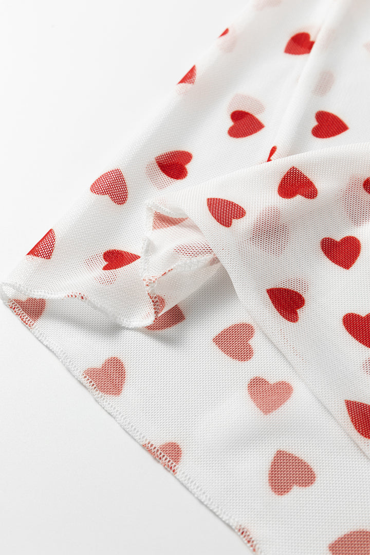 Red Allover Heart Print Mesh Short Sleeve Top