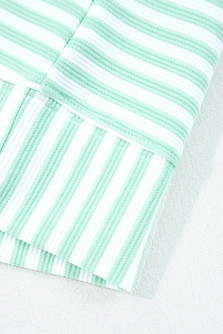 Green Stripe Quarter Zip Collar Pullover Long Sleeve Top