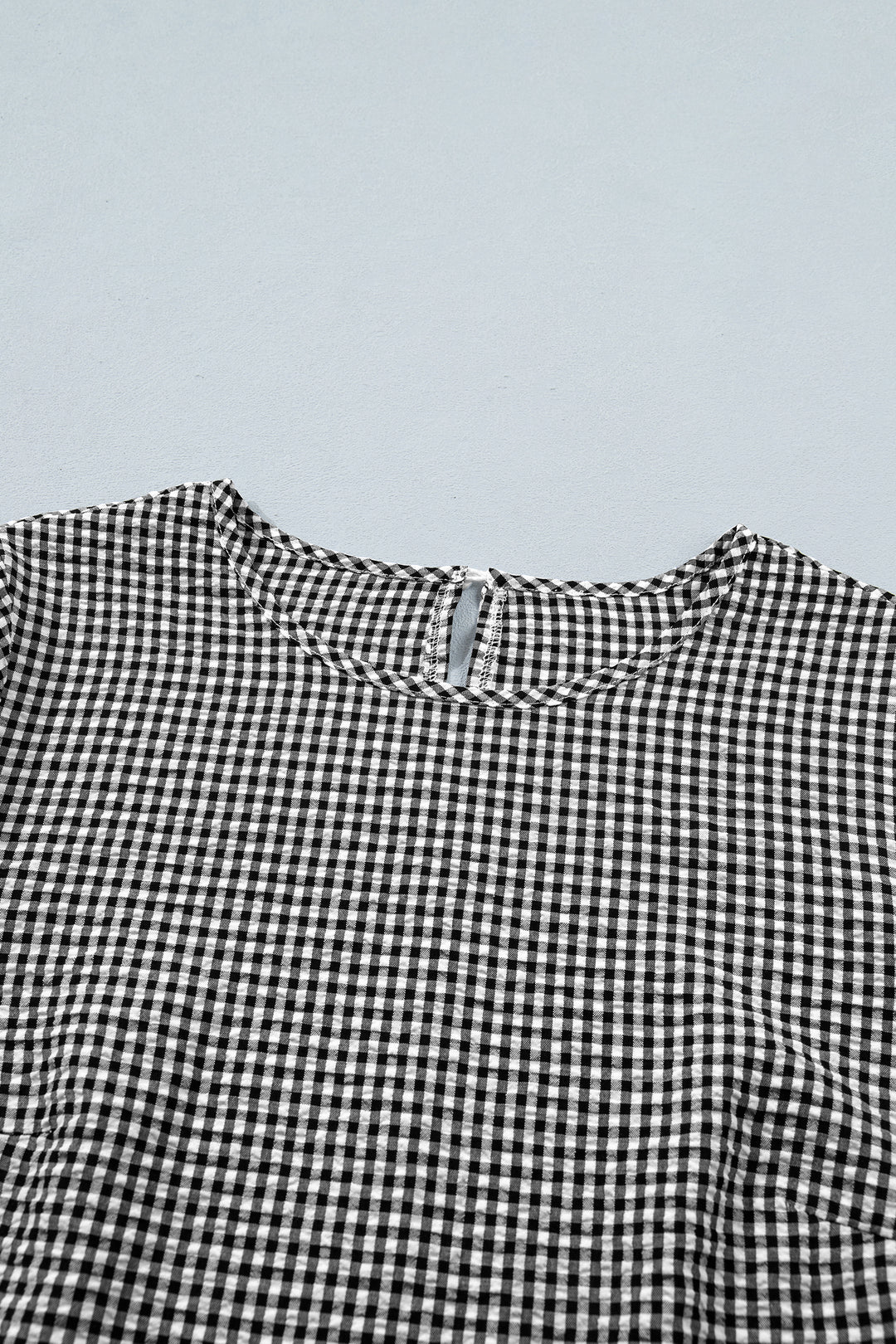 Black Plaid Bow Ruffled Half Sleeve Round Neck Blouse