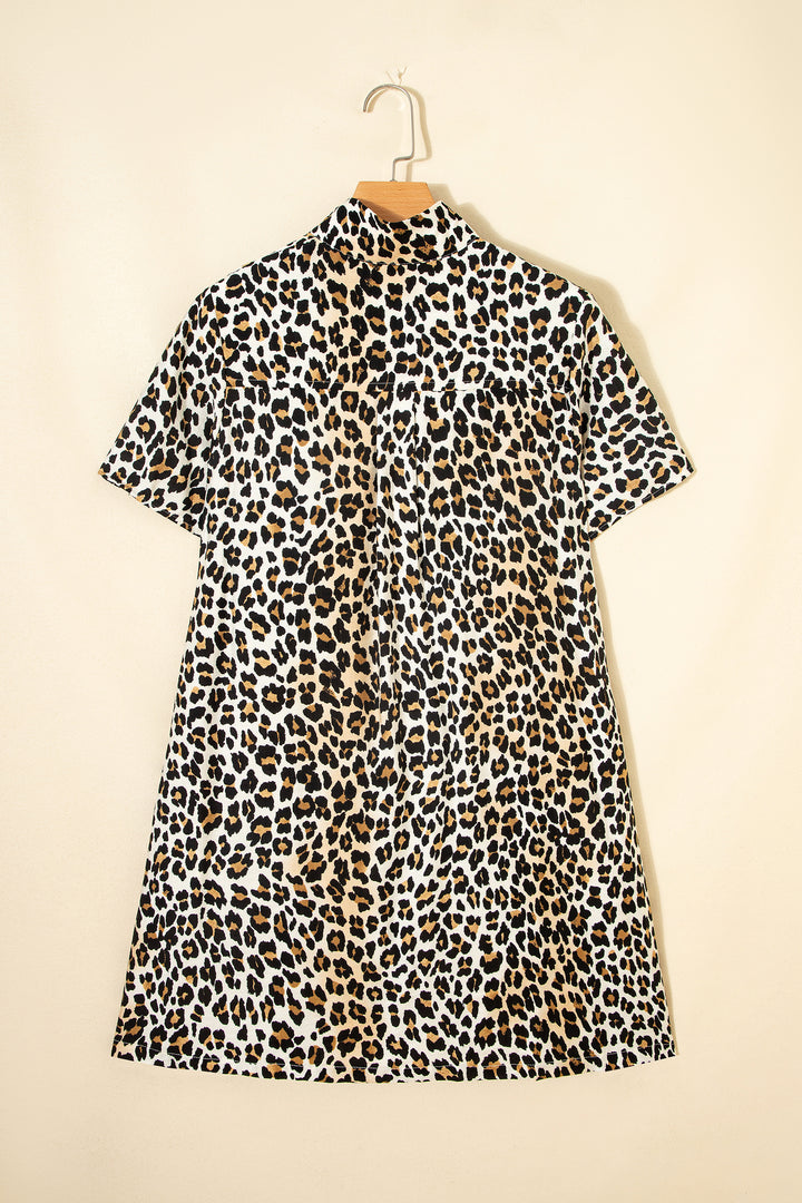 Half Buttons Short Sleeve Loose Leopard Mini Dress with Pockets