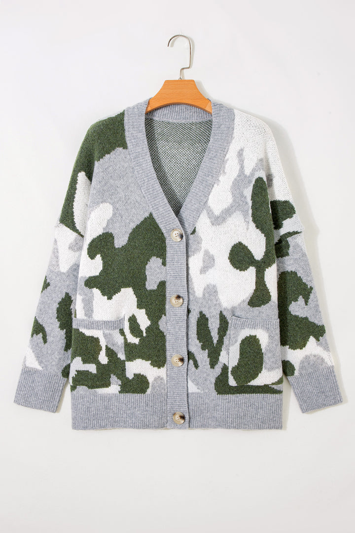 Green Camouflage V Neck Button Front Cardigan