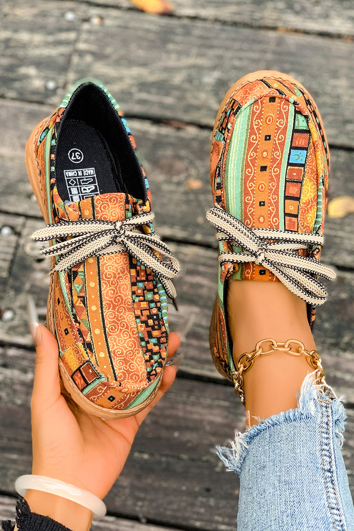 Ethnic Artistic Print Lace-up Detail Comfort Loafer Shoes