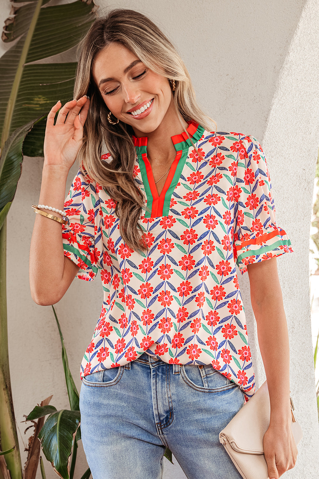 Floral Print Striped Detail V Neck Ruffled Short Sleeve Blouse