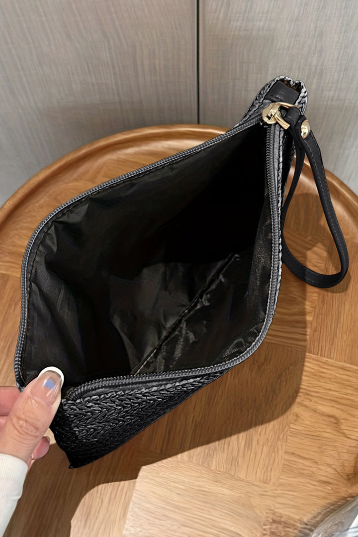Straw Woven Wrist Strap Zipper Large Wallet