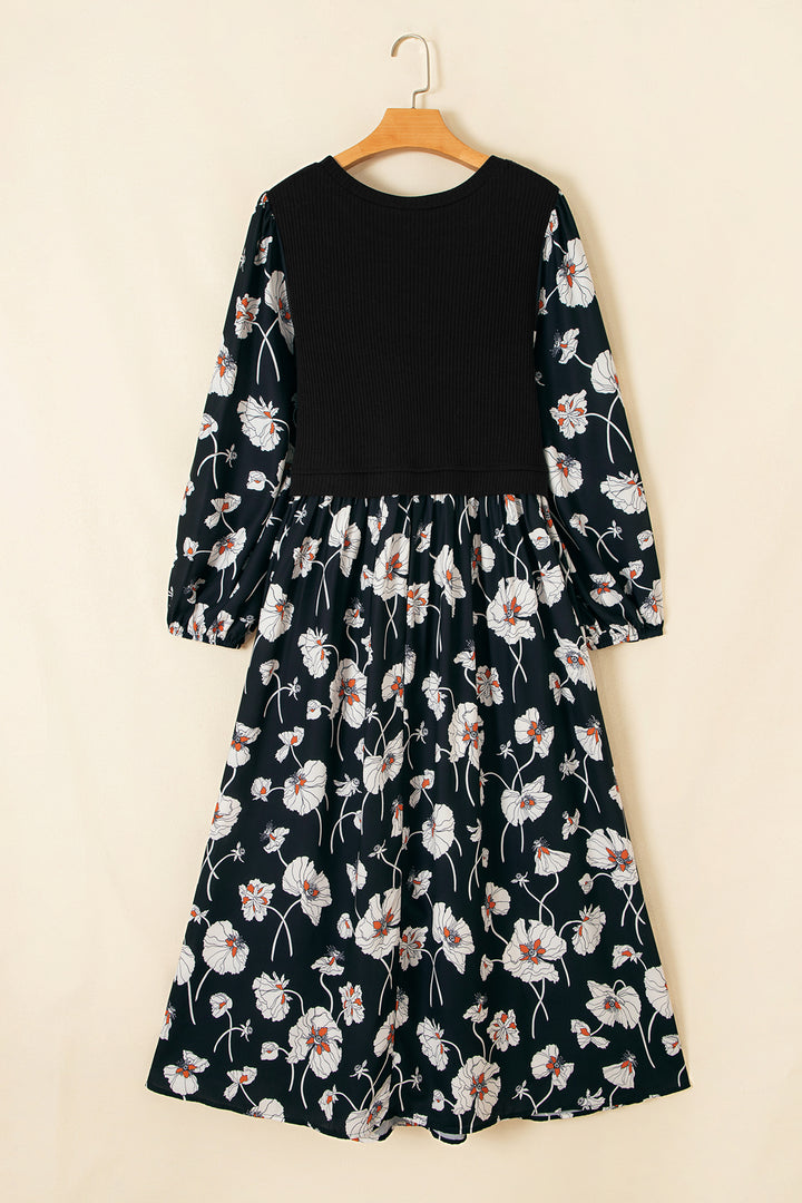 Black Floral Print Long Sleeve Shift Plus Size Dress