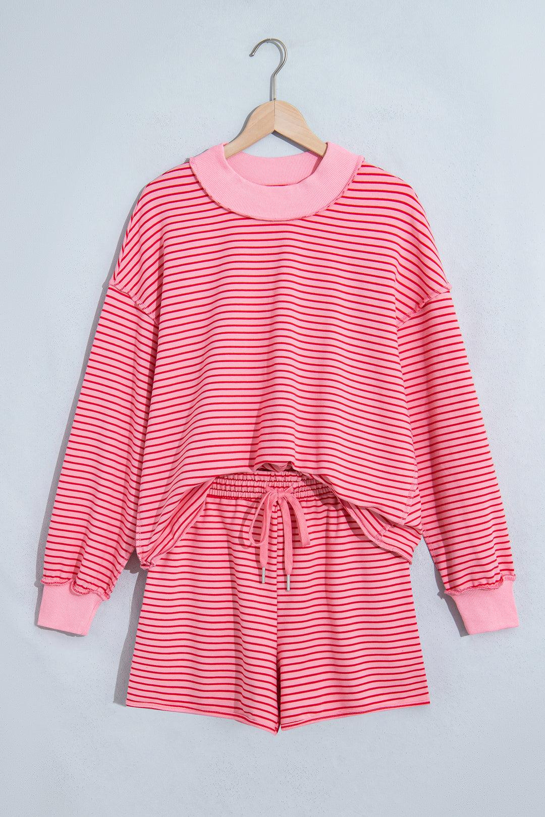 Pink Stripe Ribbed Patchwork Mock Neck Baggy Pullover Matching Shorts Set