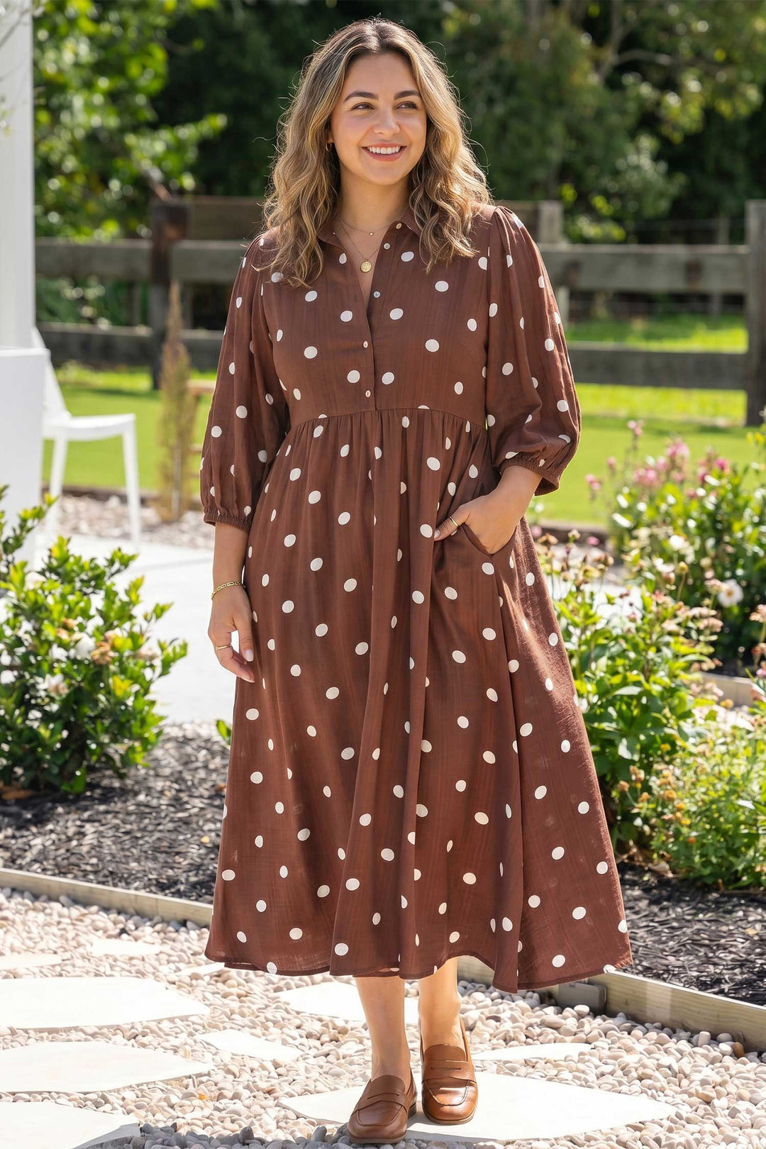 Brown Polka Dot Abdomen Pocket Gathered Cuffs Long Sleeve Shift Plus Size Dress