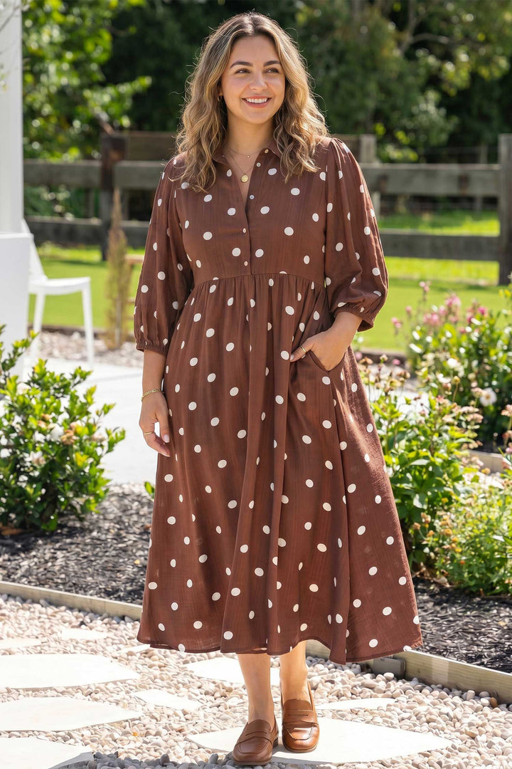 Brown Polka Dot Abdomen Pocket Gathered Cuffs Long Sleeve Shift Plus Size Dress