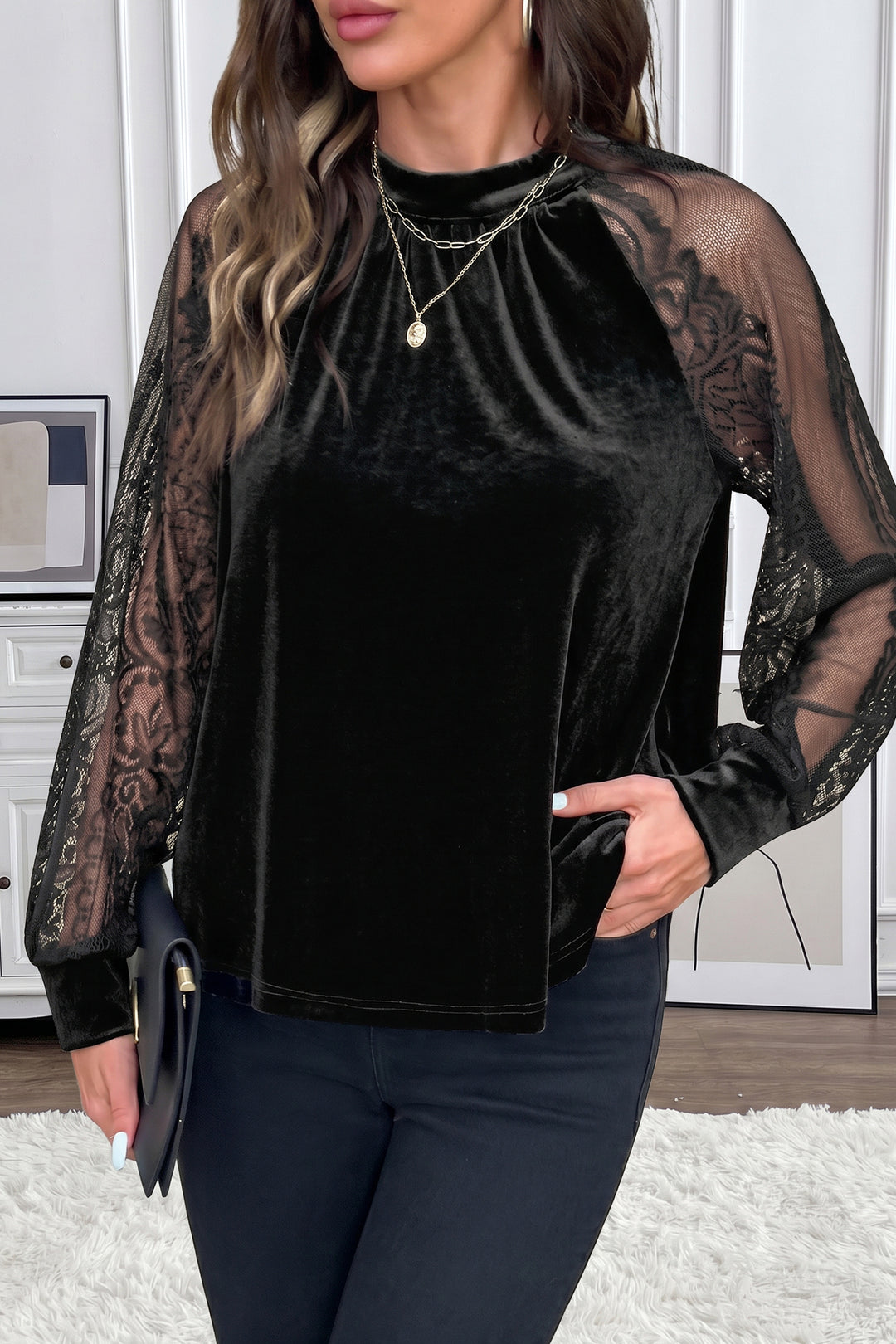 Black Sheer Lace Long Sleeve Patchwork Stand Neck Velvet Blouse