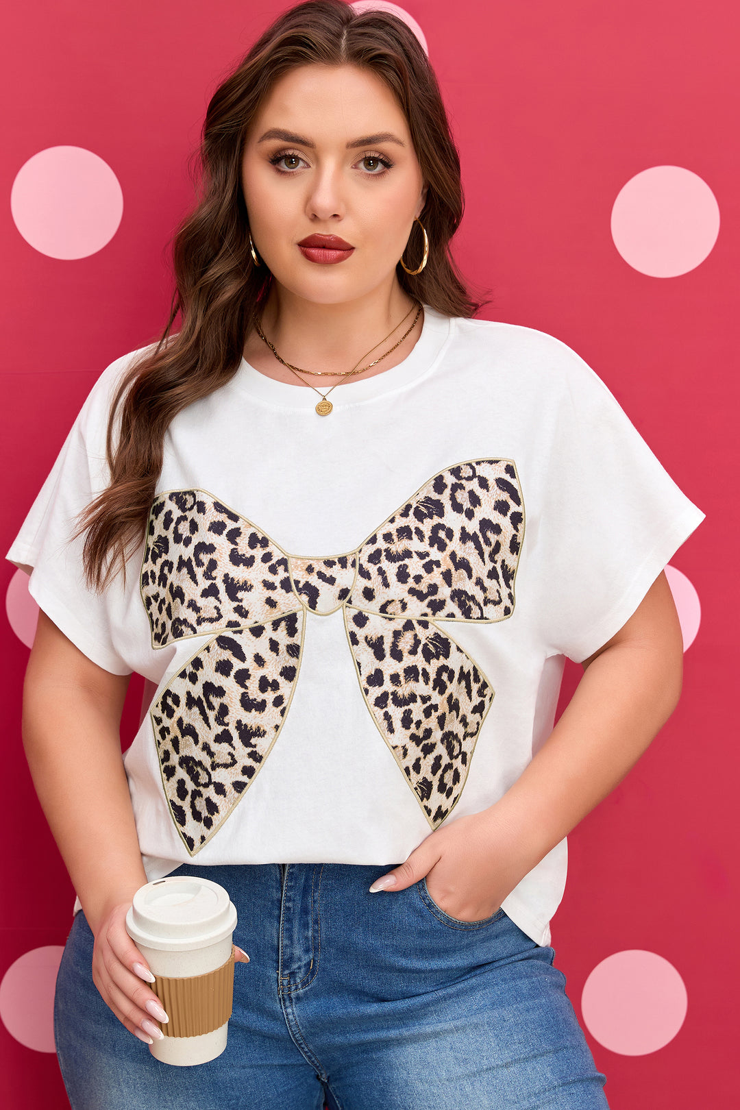 White Plus Size Leopard Bow Embroidered Patch Casual Cotton T Shirt
