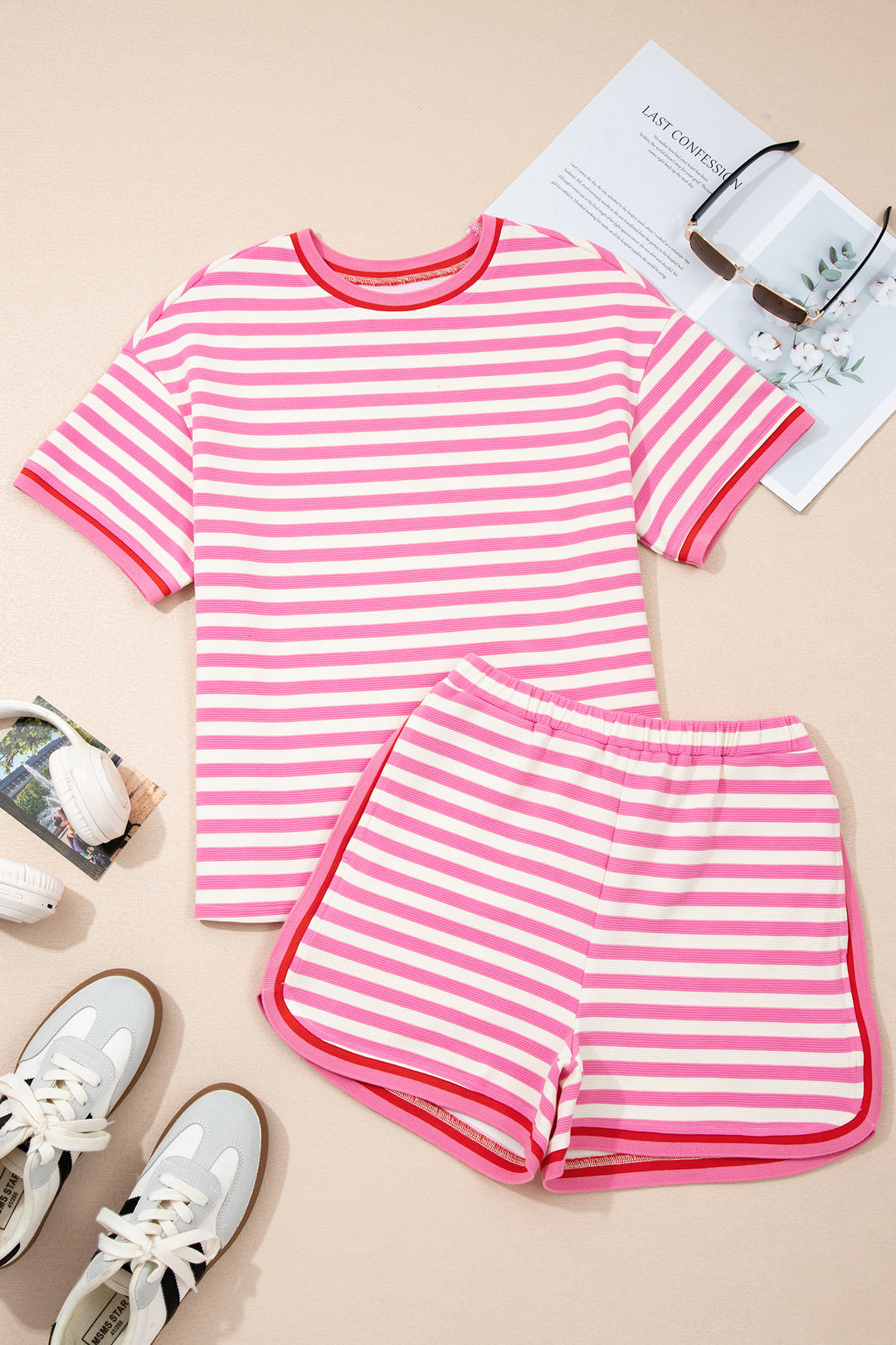 Pink Stripe Contrast Trim Short Sleeve Top Loose Shorts 2pcs Casual Outfit