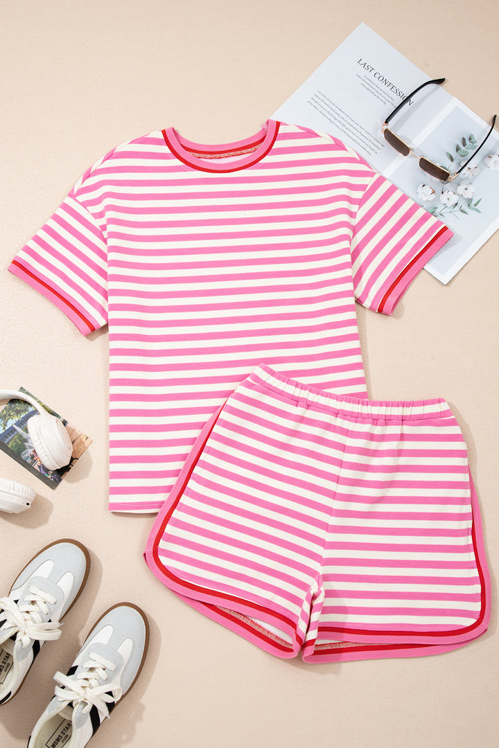 Pink Stripe Contrast Trim Short Sleeve Top Loose Shorts 2pcs Casual Outfit