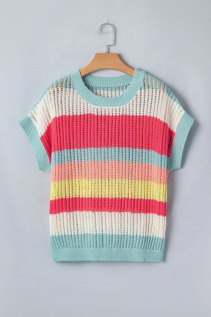 Color Block Hollow Out Knit Short Sleeve Sweater