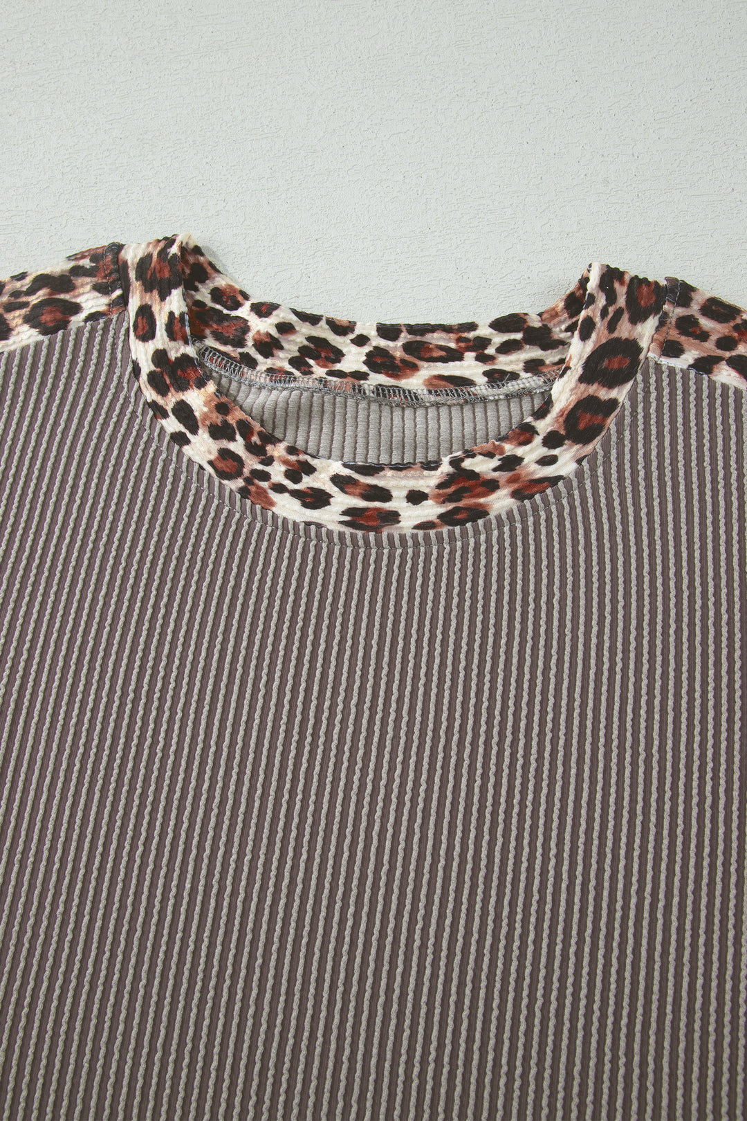 Light Grey Leopard Trim Twist Ribbed Short Set