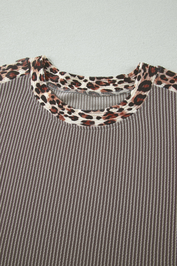 Light Grey Leopard Trim Twist Ribbed Short Set