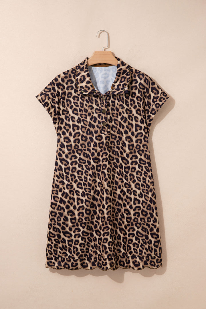 Khaki Buttoned Collar Short Sleeve Shift Leopard Dress with Pockets