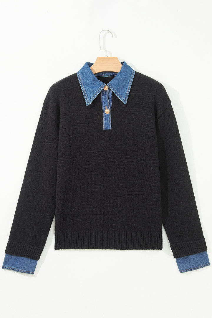 Black Denim Patchwork Collar Cuffed Casual Sweater