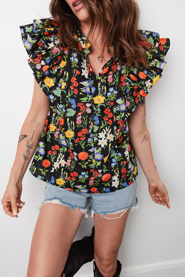 Tiered Flutter Sleeve V Neck Flower Blouse