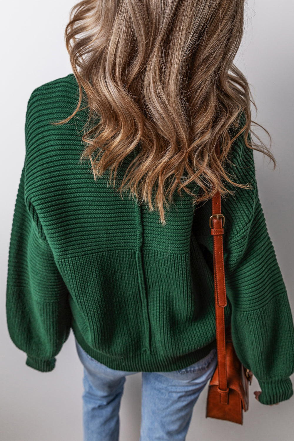 Textured Knit Crewneck Lantern Sleeve Sweater