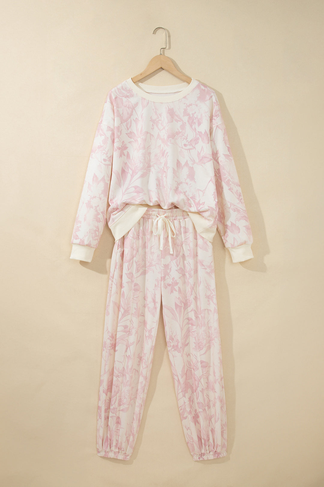 Pink Abstract Print Drop Shoulder Drawstring Waist Drawstring Hem Pant Set