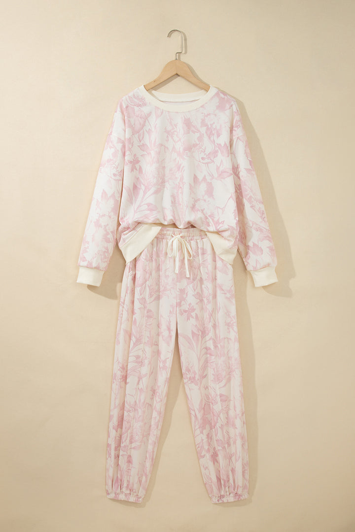 Pink Abstract Print Drop Shoulder Drawstring Waist Drawstring Hem Pant Set